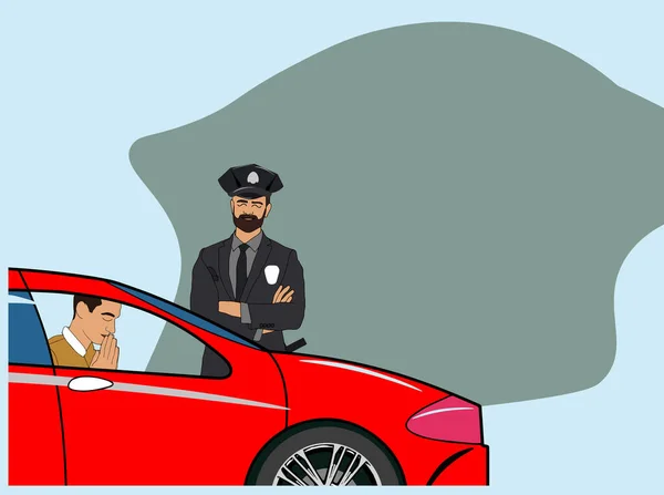 Police Officer Writing Traffic Ticket Red Sedan Car Parked Prohibited — Stok Vektör