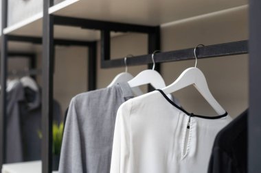 Front view of modern and large wardrobe in dressing room with fashionable woman clothes wear.