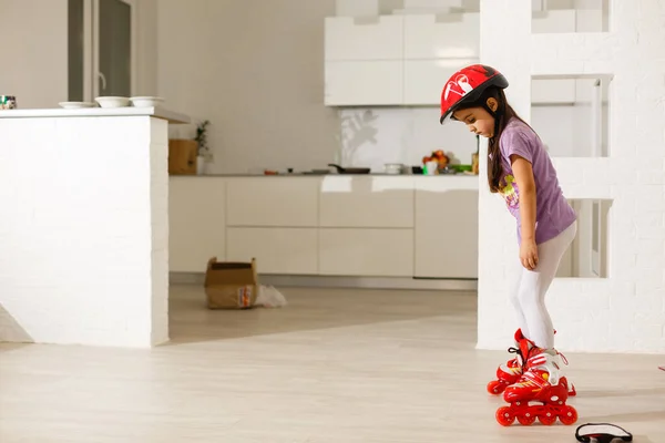 Caucasian Little Girl Roller Skates Standing Living Room — Stock fotografie