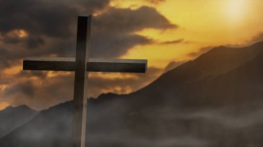 Dini kavramlar. Arka planda çarpıcı ışıklandırmayla Hristiyan ahşap haçı, İsa haçı, Paskalya, diriltme konsepti. Hıristiyanlık ve Din telif alanı arka planı.