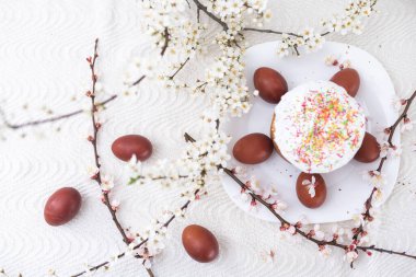 Paskalya kompozisyonu. Çiçekli bir kayısı dalı, boyanmış yumurtalar ve şeker parçacıklarıyla süslenmiş paskalya pastası..