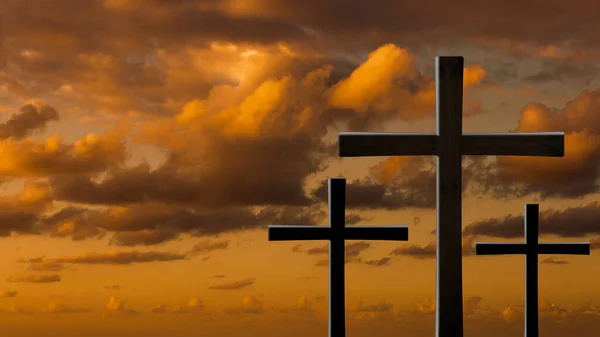Crucifixion Of Jesus Christ., Three cross silhouette on the mountain at sunset. High quality photo