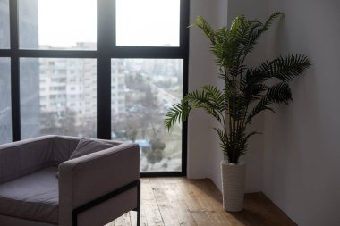 living room interior. modern grey armchair near panoramic windows.