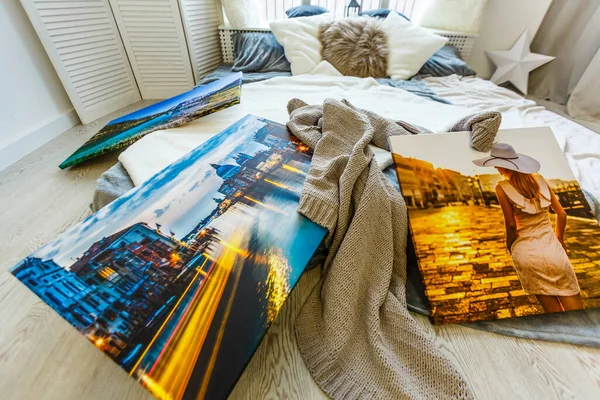 Canvas print in the room. Photo with gallery wrap method of canvas stretching on stretcher bar. Interior decor.