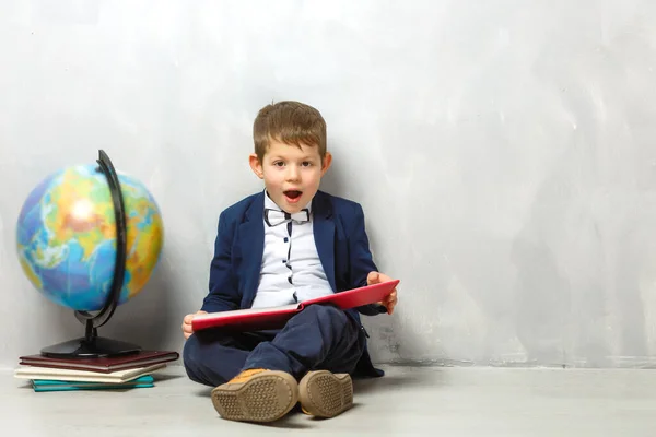 Happy Curious Kid Little Boy Genius Gray Background — Stok fotoğraf