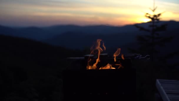 Summer Barbecue Flames Heating Grill Sunset — Wideo stockowe