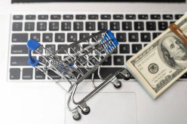 Beyaz arka planda dolar banknotları olan küçük bir alışveriş arabası..