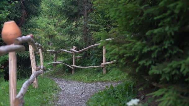 Tradycyjny Dzbanek Gliniany Pniu Podwórku Domu Rustykalnym Drewnianym Tłem Ogrodzenia — Wideo stockowe