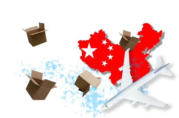 logistics concept, map of china and toy airplane with shipping boxes.