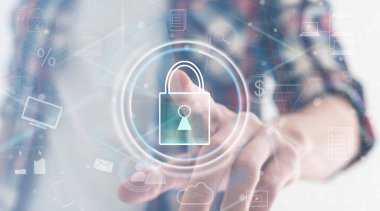 closeup concept of a male businessman standing pointing up a finger, wearing black suit, shirt and tie, representing interaction in technology within business industry, with grey flat background.