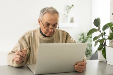 Handsome mature man in casual sitting in home office and working at laptop.