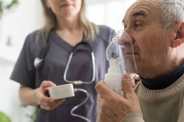 Elderly Senior Man Nursing Care Wear Oxygen Inhaler Device Helping — Foto Stock