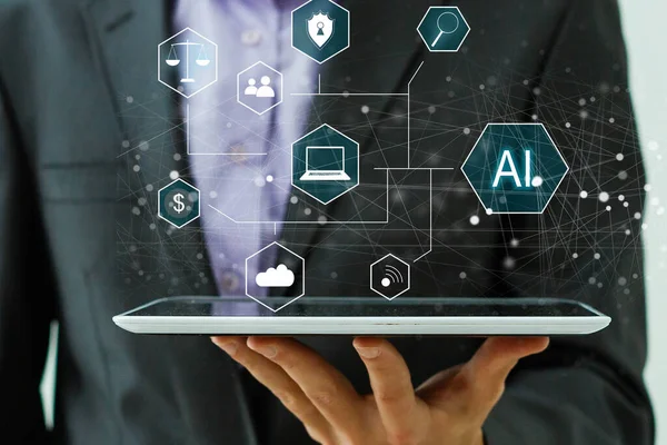人工知能産業 統合コンピューティングの概念 男は脳のAiギアボタンを仮想画面上で押す スマート産業技術 — ストック写真