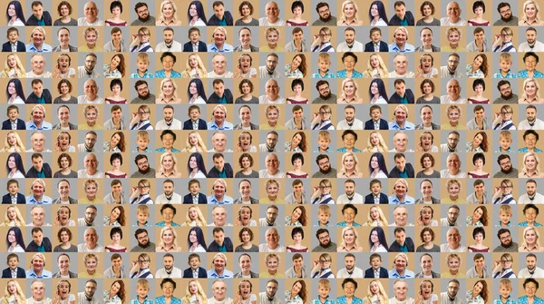 Collage of diverse multi-ethnic and mixed age people expressing different emotions . High quality photo