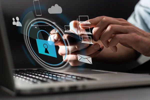 网络安全和未来技术概念商人使用手指触摸指纹接口 扫描密码 使用技术图标和挂锁 使用人工智能系统或Ai — 图库照片