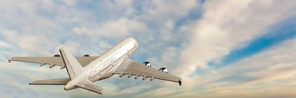 Biały Samolot Pasażerski Latający Niebie Niesamowite Chmury Tle Podróż Transportem — Zdjęcie stockowe