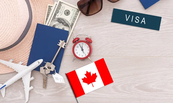 Flag Canada Passport Toy Airplane Wooden Background Flight Travel Concept — Zdjęcie stockowe