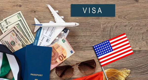 Flag United States Passport Toy Airplane Wooden Background Flight Travel — 스톡 사진