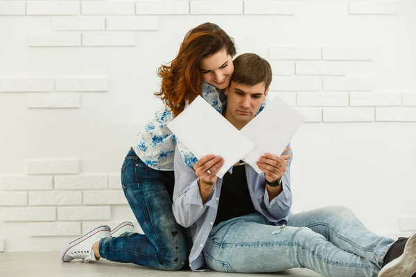 Smiling Husband Wife Sit Taking Care Utility Bills House Maintenance — Stockfoto