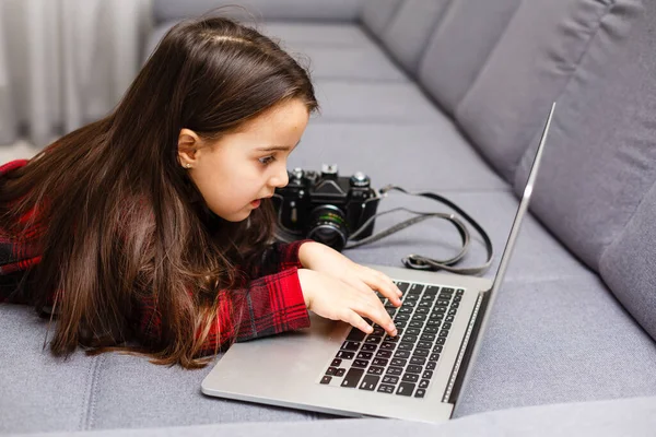 Education Free Time Technology Internet Concept Little Student Girl Laptop — Stock Photo, Image