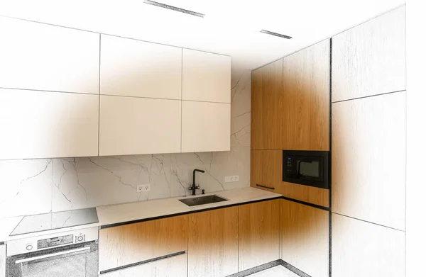 Стильний Кухонний Інтер Сучасними Меблями Поєднання Фото Ескізу — стокове фото