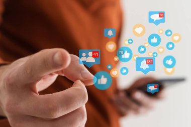 Businessman pressing virtual icons, virtual screen