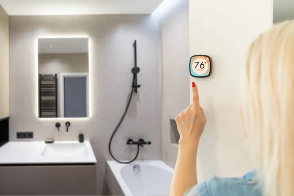 stock image Smart home banner. IoT House automation domotics panoramic. Technology thermostat device with app icons showing temperature and heat cool adjustment.