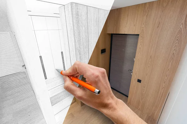 Human hand with pencil making design project of modern bathroom with stylish interior.