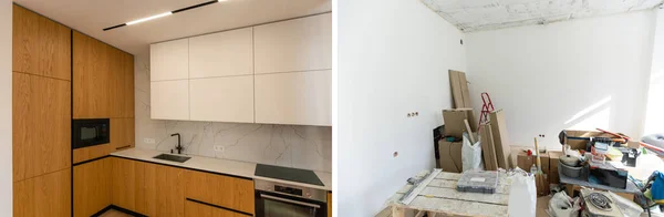 Ruangan Dengan Dinding Yang Belum Selesai Dan Kamar Setelah Perbaikan — Stok Foto