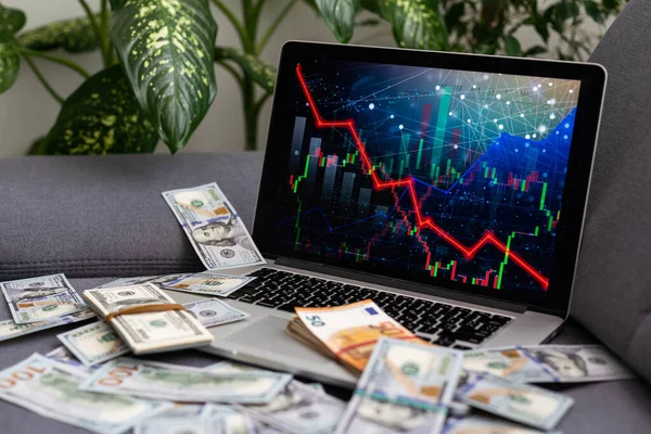 Dollar Bills Background Laptop Charts — Stock Photo, Image