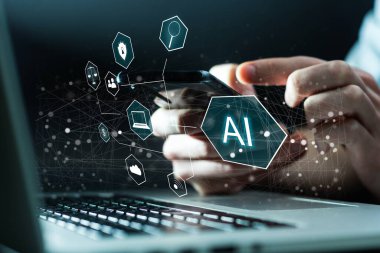 Çevrimiçi ağ, robot uygulaması ve küresel bağlantı, yapay zeka, yenilik ve teknolojiye erişim sağlamak için dijital sohbet robotuna elle dokunmak.