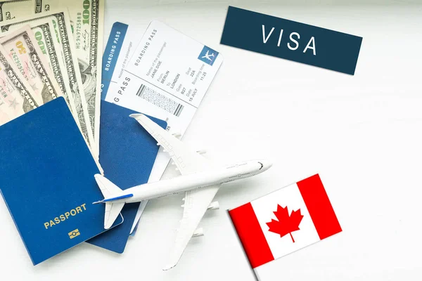 Flag Canada Passport Toy Airplane Wooden Background Flight Travel Concept — Zdjęcie stockowe