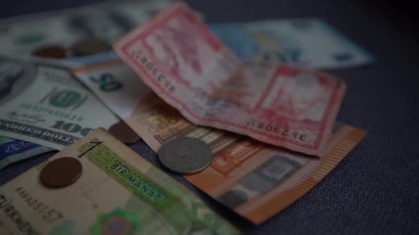 Achtergrond Van Verschillende Bankbiljetten Munten Van Dollars Euro Roebel Andere — Stockvideo