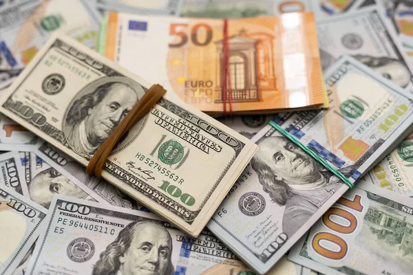 Nota 200 Euros Lado Euros Cima Notas Cem Dólares Negociação — Fotografia de Stock