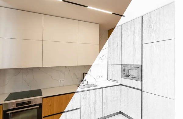 Interior Cozinha Elegante Com Mobiliário Moderno Combinação Foto Esboço — Fotografia de Stock