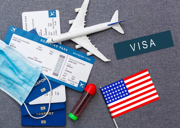 Flag United States Passport Toy Airplane Wooden Background Flight Travel — 스톡 사진