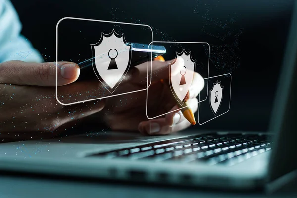 屏蔽保护图标 虚拟屏幕接口 数据保护网络安全隐私业务 数据个人和网络信息技术 数字保护隐私概念 — 图库照片
