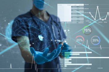 Tıbbi teknoloji konsepti. Doktor sanal basım yapıyor..