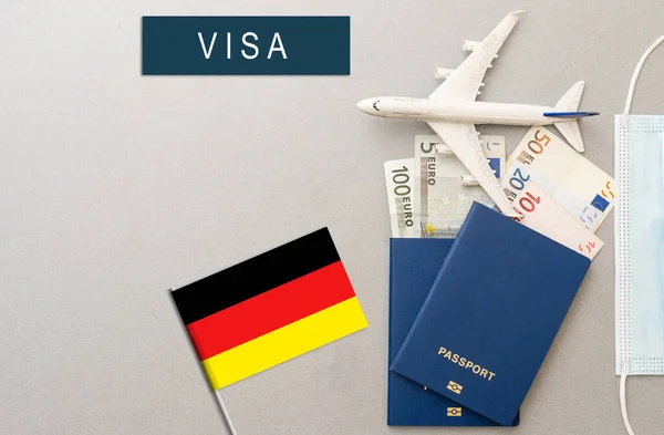 Flag Germany Passport Toy Airplane Wooden Background Flight Travel Concept — Fotografia de Stock