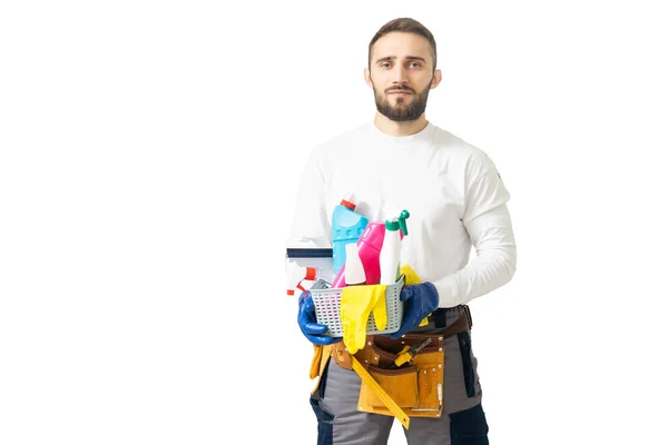 Trabalhador Mais Limpo Luvas Com Detergentes — Fotografia de Stock