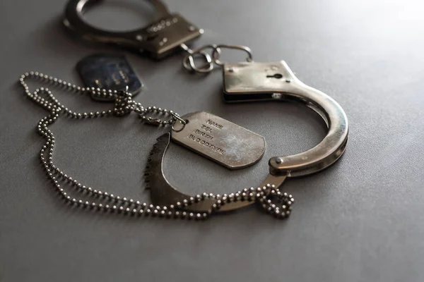 Military Badge Handcuffs Dark Background — Photo