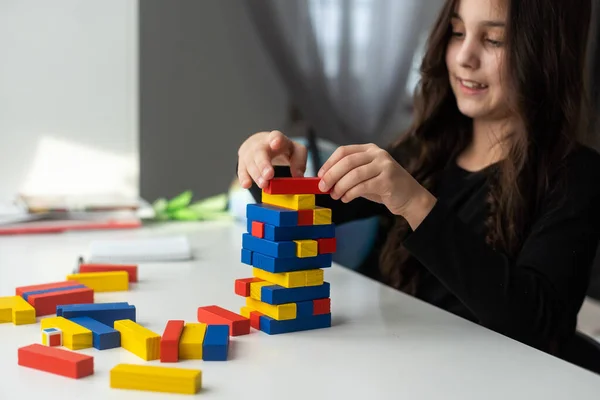 Little Happy Girl Playing Board Game Jenga Table Construction Tower — Stock Photo, Image
