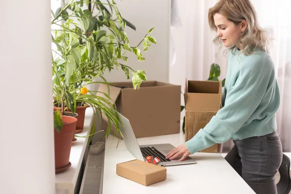 Small Start Business Owners Packing Boxes Deliver Customers Salespeople Check — 스톡 사진