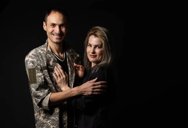 Military Man His Wife Black Background — Photo