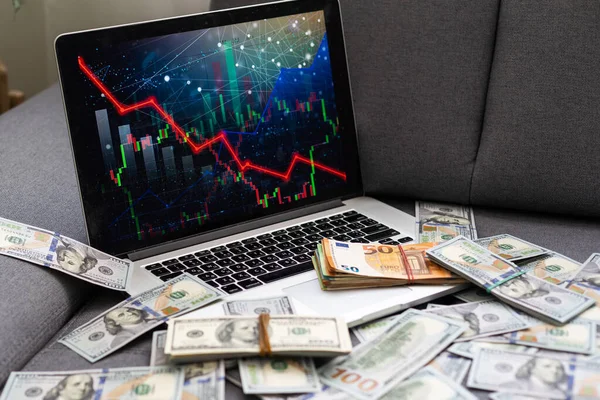 Dolarové Bankovky Notebooku Pozadí Grafy — Stock fotografie
