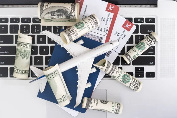 Composition Laptop Toy Plane Money Passport Map Travel Agency Ticket — Stock Fotó