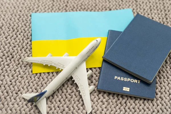 Flag Ukraine Passport Toy Airplane Flight Travel Concept — Stock Photo, Image