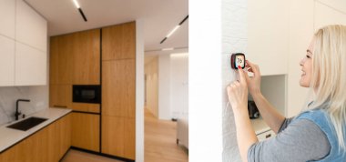 Gülümseyen Hintli kadın modern akıllı ev sistemini kullanıyor, kontrol paneli duvarda, pozitif çekici genç kadın termostatın sıcaklığını değiştiriyor ya da apartmandaki güvenlik alarmını çalıştırıyor.