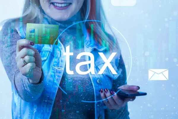 Business Hand Clicks Virtual Screen Tax Return Online Tax Payment — Foto de Stock
