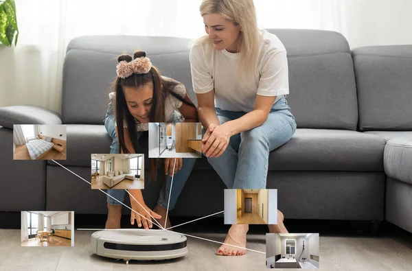 Chytré Domácí Aplikace Robotické Vysavače Podlahy Pozadí Moderním Obývacím Pokoji — Stock fotografie